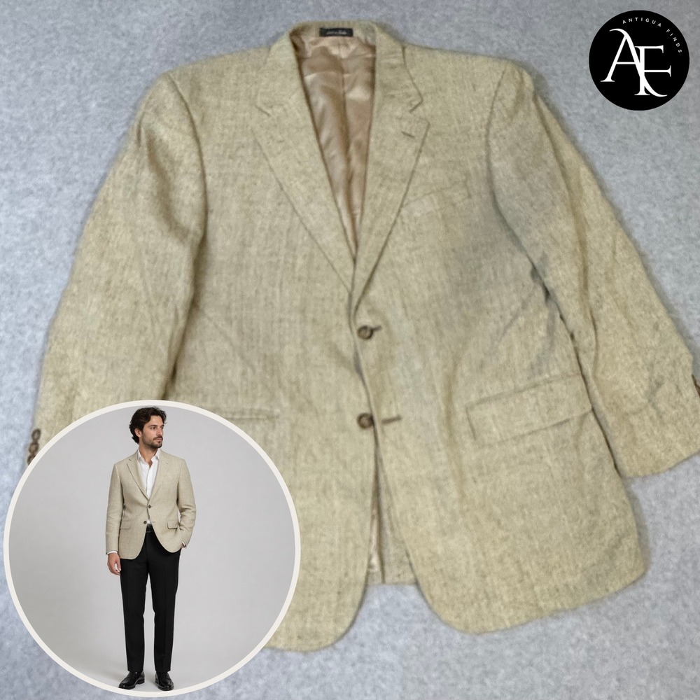 Oscar de la Renta Mens 46R Silk Blazer Tan Beige 2 Button Sport Coat 3741